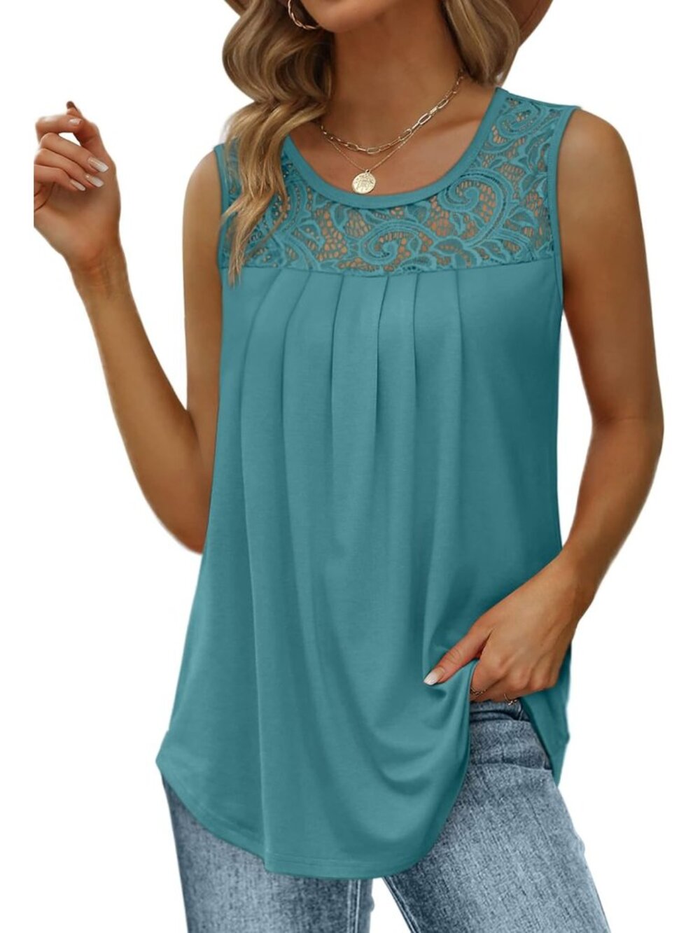 Summer Tank Tops for Women Loose Fit Pleated Tunics Scoop Neck Sleeveless Lace T